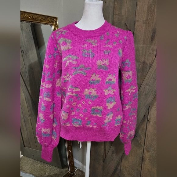 FATE Pink Puff Sleeve leopard sweater. Size medium NWT - Picture 4 of 13